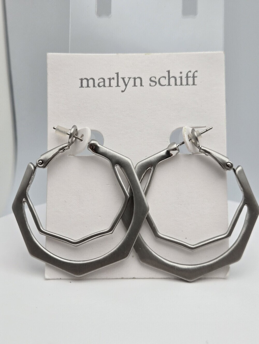 Marlyn Schiff Brushed Silver Geometric Hoop Earrings Heptagon 1.5" New